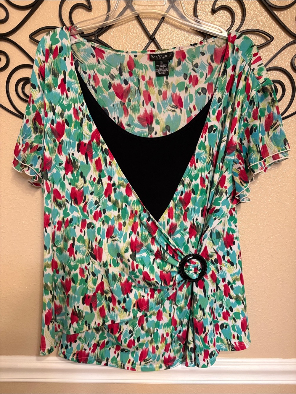 Bay Studio Floral Faux-Wrap Top in Teal, Pink & Black